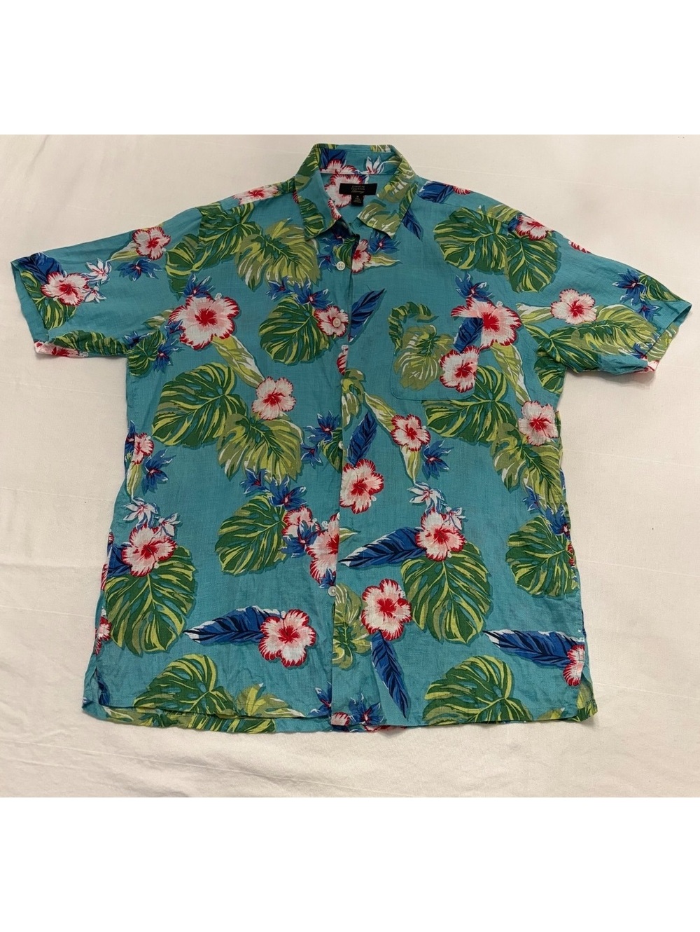 Men’s Linen Blend Hawaiian Shirt Tropical Floral Button Up Blue Short Sleeve